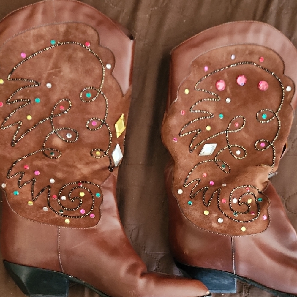 Brown Heeled Cowboy Boots suede & leather  Embellished with stones. Italian made